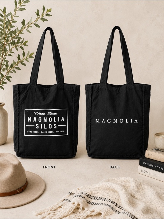 Magnolia Handbags - Magnolia Silos | Black Reusable Tote Bag | Waco Texas Market Shopper Travel Bag